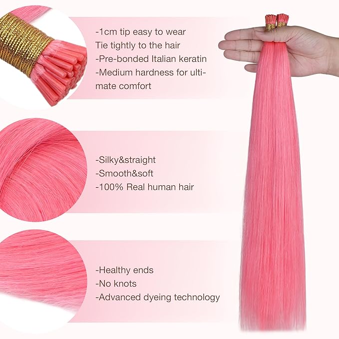 GOO GOO Colored I Tip Hair Extensions, Real Human Hair, 16inch 50g 100S, Cold Fusion I Tip, Invisible Remy, Light Pink