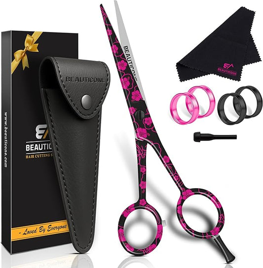 BEAUTICONE ® Hair Cutting Scissors - High Carbon SS 6.5" Professional Barber-Grade Salon Shears with Serrated & Razor Edge - Black Premium Gift Box with Leather Pouch & Extra Accs - Ultra Lightweight