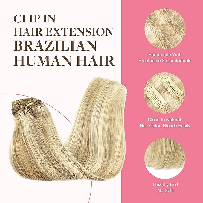 GOO GOO Clip in Hair Extensions Real Human Hair, Remy Human Hair Extensions Clip ins for Women, Natural Human Hair, 20inch 150g 9Pcs, 18A/613A Dark Blonde Highlighted Bleach Blonde