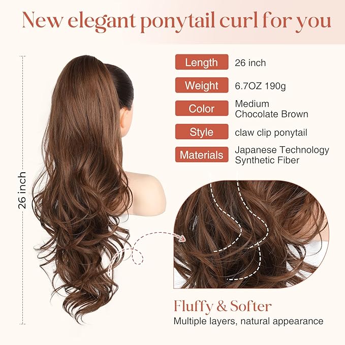 FLUFYMOOZ 26" Ponytail Extension, Long Wavy Curly Claw Clip in Ponytail Hair Extensions, Natural Synthetic Hairpiece for Women Daily Wear(Medium Chocolate Brown)