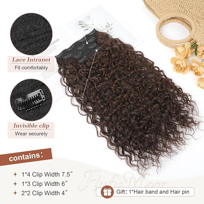 Clip in Hair Extensions, FLUFYMOOZ 4PC 100％ Pure Protein Silk Hair Extensions Long Soft Natural Hairpiece 20 Inch Curly Hair Extension for Women (Reddish Brown)