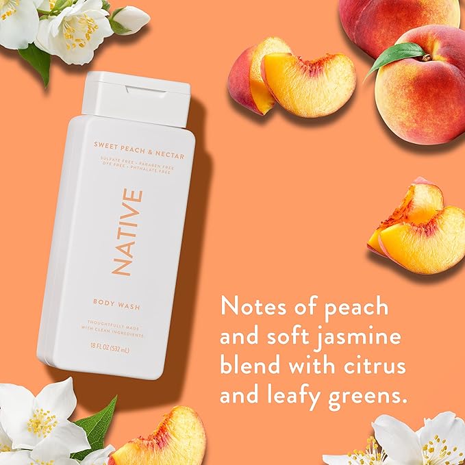 Native Body Wash Contains Naturally Derived Ingredients | For Women & Men, Sulfate, Paraben, & Dye Free Leaving Skin Soft and Hydrating | Sweet Peach & Nectar 18 oz