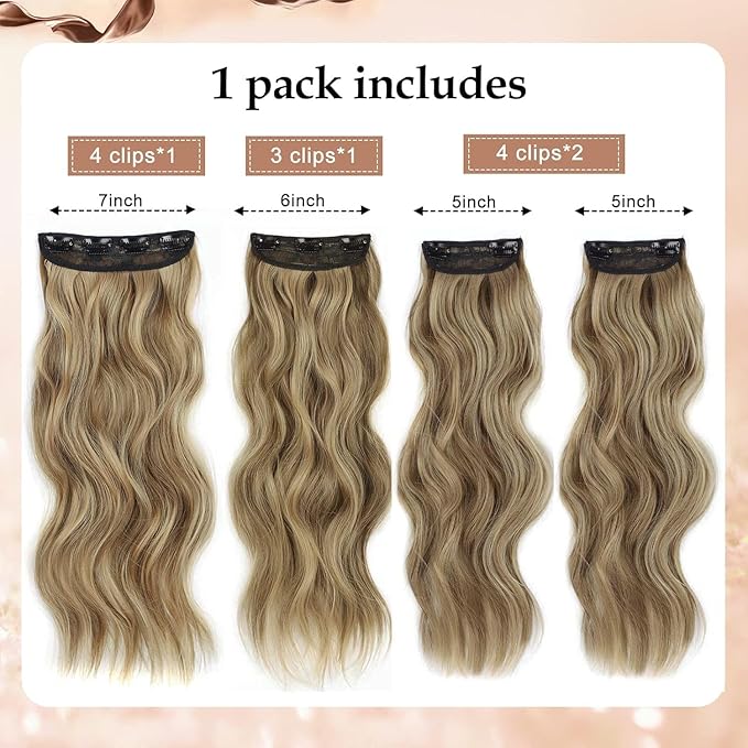 20 Inch Long Wavy Hair Extensions Honey Blonde Mixed Light Brown 4PCS Synthetic Long Clip in Hair Extensions for Women Full Head Not Tangled Natural Soft Thick Hair (20INCH, 22H10)