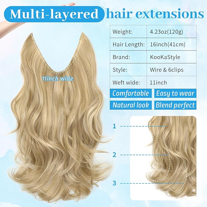 KooKaStyle Invisible Wire Hair Extensions Long Straight Layered Synthetic with Transparent Wire Adjustable Size 6 Secure Clips Hairpieces for Women 16 Inch (16 Inch, H1860A#Beige Blonde)