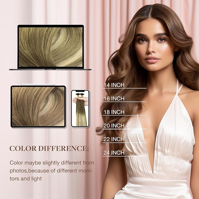 GOO GOO U Tip Hair Extensions Real Human Hair, 14inch 50g 50S, Hot Fusion U Tip, Invisible Remy Hair Extensions, 3/8/613 Balayage Walnut Brown to Ash Brown and Bleach Blonde