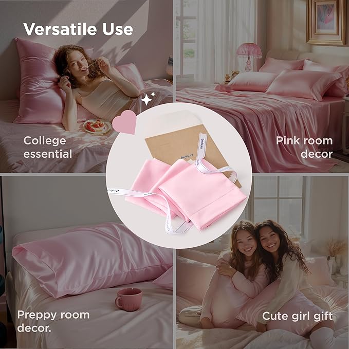 Bedsure King Size Satin Pillowcase Set of 2 - Pink Silky Pillow Cases for Hair and Skin with Envelope Closure, Similar to Silk Pillow Cases, Christmas for Women, 20x36 Inches, 2pcs