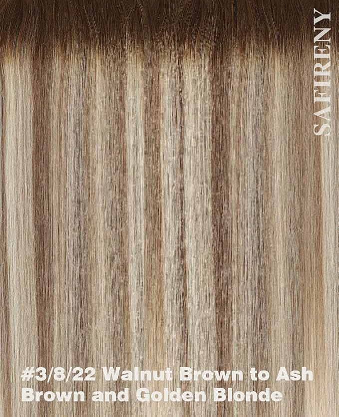Clip in Hair Extensions Real Human Hair Double Weft Balayage Color Walnut Brown To Ash Brown and Golden Blonde,Clip in Hair Extensions,18 Inch 160g,7pcs Per Set With 19 Clips(#3/8/22,18")