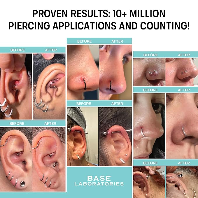 BASE LABORATORIES Piercing Aftercare Spray 4oz | Saline Spray for Piercings | Ear Piercing Cleaner | Saline Solution for Piercings | Keloid Bump Removal for Ears, Belly Nose Piercings - 2PK