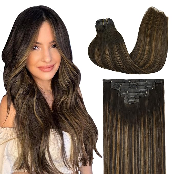 GOO GOO Clip in Hair Extensions Real Human Hair, Remy Human Hair Extensions Clip ins for Women, Natural Human Hair, 20inch 150g 7Pcs, 2/6/2 Balayage Dark Brown to Chestnut Brown