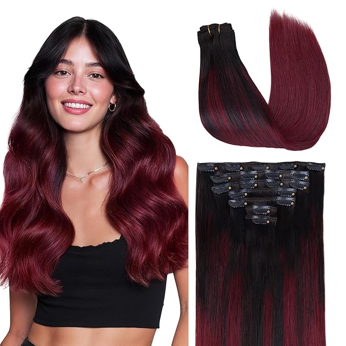 GOO GOO Clip in Hair Extensions Real Human Hair, Remy Human Hair Extensions Clip ins for Women, Natural Human Hair, 20inch 160g 7 Pcs, #1/99j Balayage Jet Black to Red