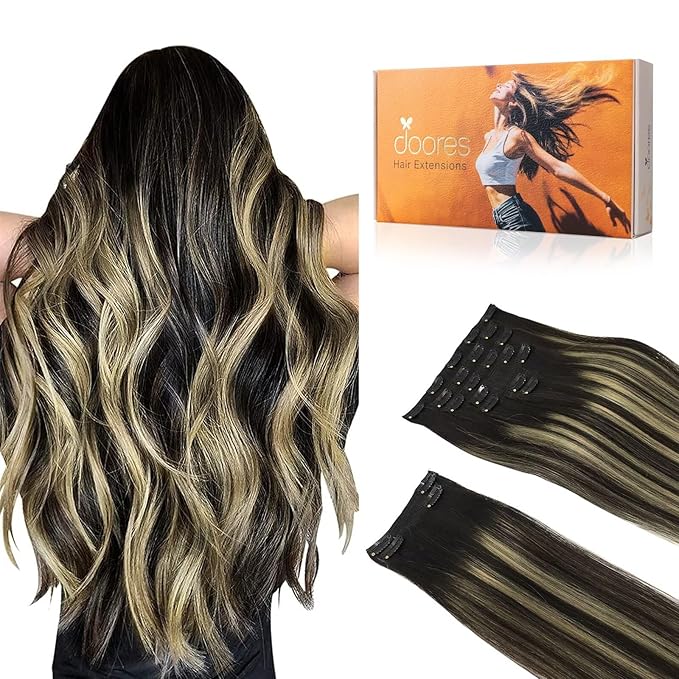 DOORES Clip in Hair Extensions, Balayage Natural Black to Light Blonde 22 Inch 150g 9pcs, Remy Clip in Hair Extensions Thick Straight