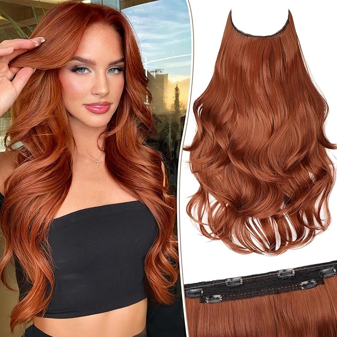 KooKaStyle Invisible Wire Hair Extensions Long Wavy Layered Synthetic Hair Extensions with Transparent Wire Adjustable Size 6 Secure Clips Auburn Hairpieces for Women 20 Inch