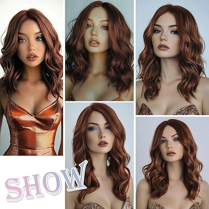 Medium Length Dark Auburn Wavy Wigs for Women 18 Inch Middle Part Wavy Wig Natural Looking Synthetic Heat Resistant Fiber Wig for Daily Party Halloween (18 inch)