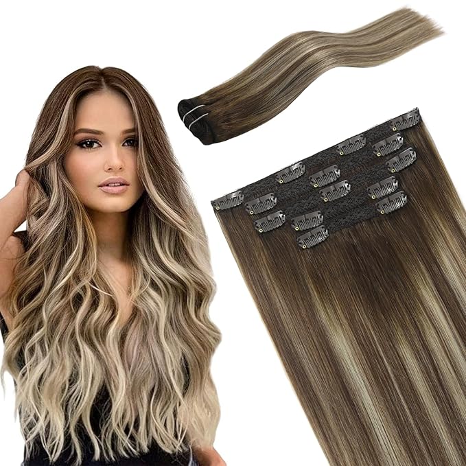 Lace Clip In Extensions Real Human Hair Balayage Walnut Brown to Ash Brown Mix Light Blonde Ombre Remy Hair Exteions 5 Pcs Double Weft Clip on Hair Extensions 12Inch 80g