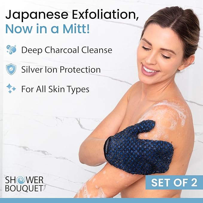 Japanese Exfoliating Mitt 2-Pack - Charcoal & Silver Ion Exfoliating Gloves for Shower - Soft Inner Fabric Gentle Exfoliation & Deep Cleansing Body Scrub Gloves for All Skin Types - 1 Blue, 1 Green