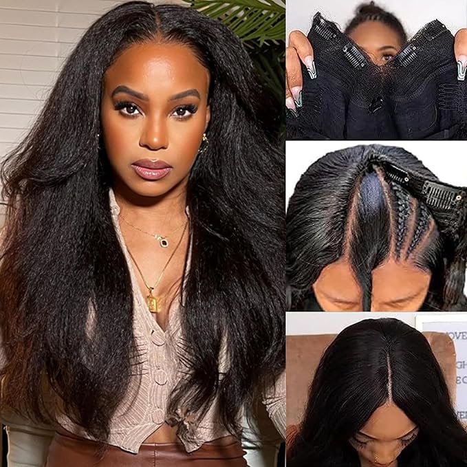 V Part Wig Human Hair Kinky Straight Human Hair Wigs Upgrade U Part Human Hair Wig for Women No Leave Out No Sew In 200% Density Natural Color 18 Inch