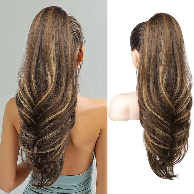 SEIKEA Versatile Drawstring Ponytail Extension, 26" Long Wavy Multi Layered Clip in Ponytail Hair Extensions Stand Up High Fake Pony Tail Soft Natural Synthetic Hairpiece Chocolate Brown Highlights
