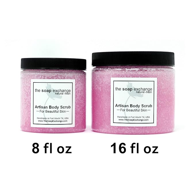 The Soap Exchange Sugar Body Scrub - Strawberries & Champagne Scent - Hand Crafted 8 fl oz / 240 ml Natural Artisan Skin Care, Shea Butter, Exfoliate, Moisturize, & Protect. Made in the USA.