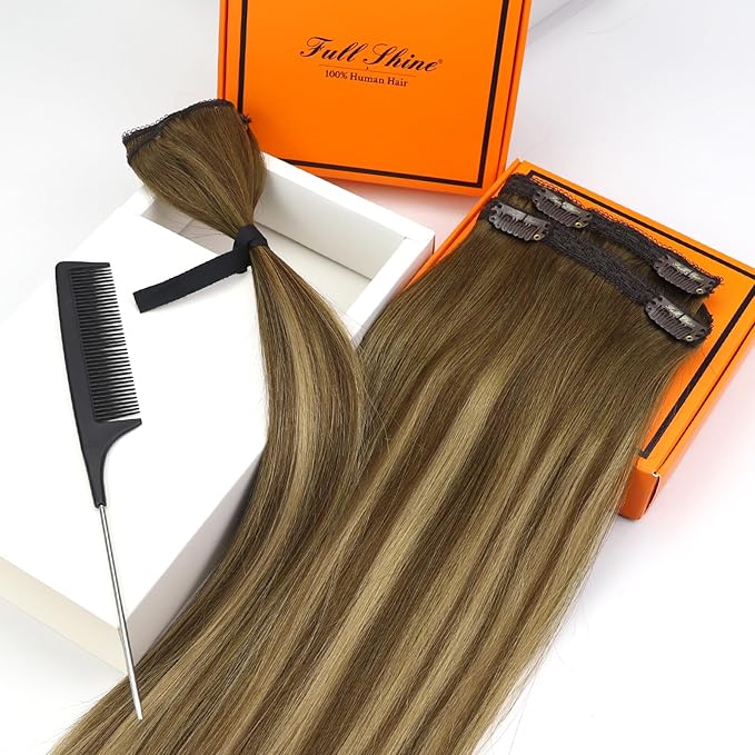 Full Shine Clip in Extensions for Women Human Hair Medium Brown Fading to Blonde and Brown Highlighted Seamless Hair Extensions Clip in Softness 18 Inch 3 PCS 60 G