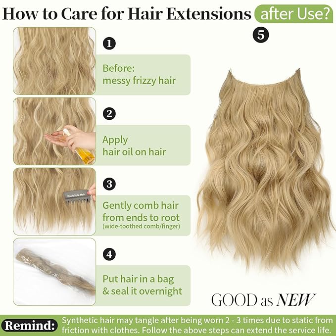 KooKaStyle Invisible Wire Hair Extensions with Transparent Wire Adjustable Size Long Wavy Synthetic Hairpiece 15/613#Golden Blonde 16 Inch with 4 Secure Clips for Women