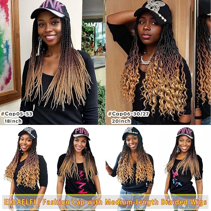 Bling Butterfly Cap w/20 inch Goddess Curls Faux Locs Crochet Hair Extensions, Ombre Brown Wigs with Curly Ends