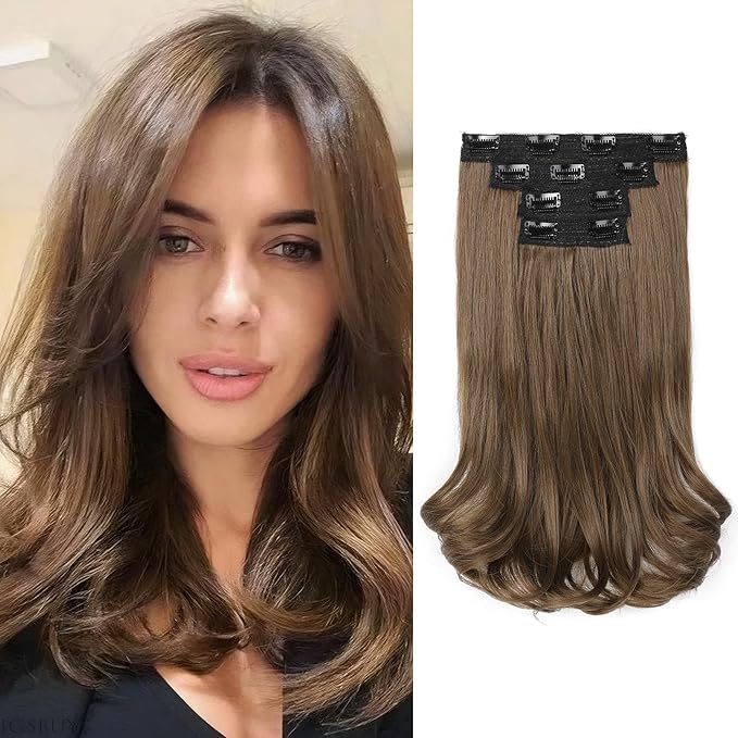 REECHO Clip-in Hair Extensions, 4PCS Lace Weft, 14" Short Wavy, Invisible, Natural Soft Hairpieces for Women, Light Brown