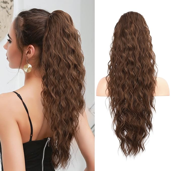 FLUFYMOOZ Ponytail Extension, 26 Inch Drawstring Ponytail Hair Extensions for Women，Long Curly Wavy Ponytail Natural Wavy Synthetic Hairpiece for Women Daily Use party (26 Inch Medium Chocolate Brown)