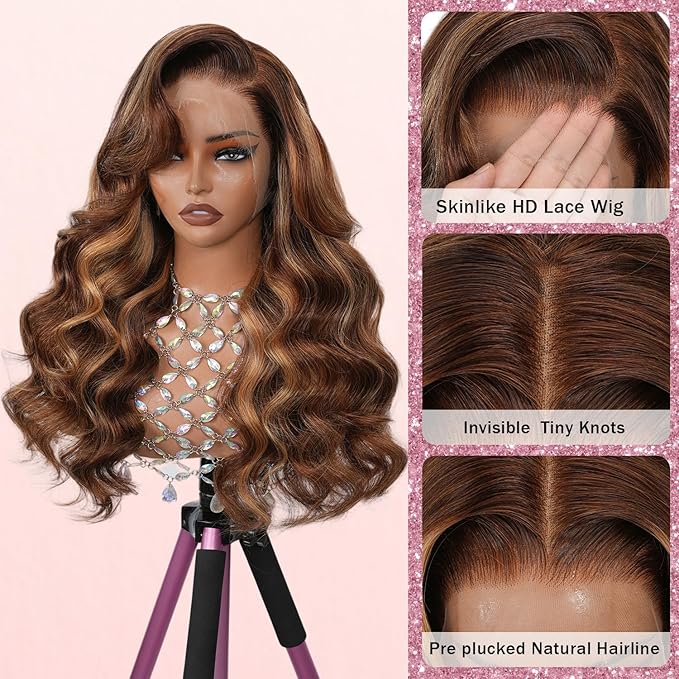 Honey Blonde Body Wave Lace Front Wig Human Hair 13x4 Full Frontal Lace Wig Skinlike HD Lace 0.10mm Ultra-Thin Invisible 4/27 Highlight Ombre Blonde 200% Density Pre plucked Bleached Knots 32 inch