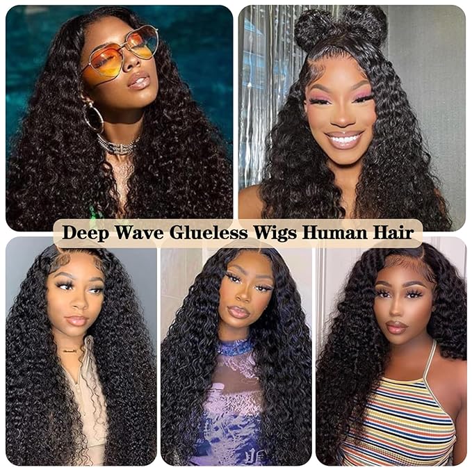 Wear and Go Glueless Wigs Human Hair Pre Plucked Pre Cut 5x5 HD Closure Wigs Human Hair Deep Wave Lace Front Wigs for Black Women 210% Dentisy 12A Deep Curly Glueless Wig Bleached Knots (20 Inch)