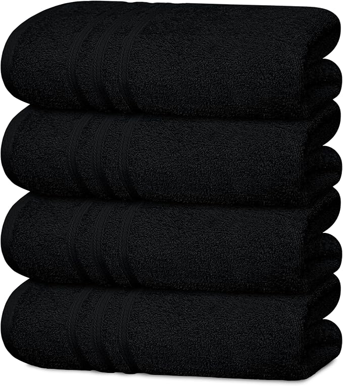 Tens Towels Pack of 4 Soft Bath Towels, 100% Cotton, 27 x 54 Inches, Lightweight & Quick-Dry, Ideal for Daily Bathroom Use, Practical & Comfortable, Black