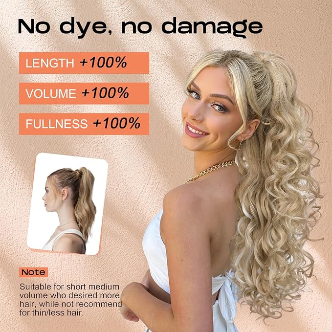 SEIKEA Ponytail Extension, 24" Fluffy Long Wavy Curly Claw Clip Hair Extensions Ponytail Multi-layered Clip in Fake Pony Tails Natural Soft Synthetic Hairpiece Blonde with Pale Gold Highlights