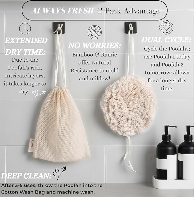 Bamboo Washcloth & Ramie Loofah – Dual‑Sided Body Scrubber for Bath & Shower – Patent Pending - Gentle Exfoliation, Sensitive Skin Spa Tool – Large Loofah with Bar Soap Pouch, Cotton Wash Bag, 2 Pack