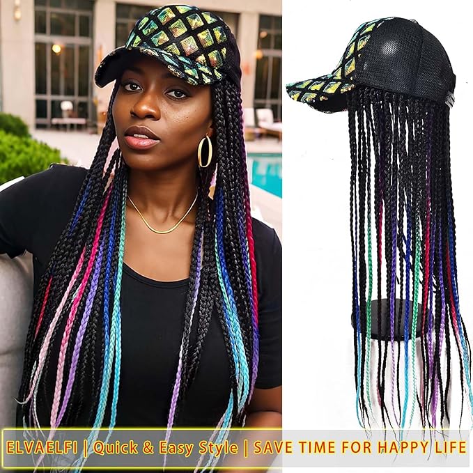 Cooling Mesh Baseball Cap Wig 24" Multi-colored Box Braid Hair Extensions, Long Braided Hair for Women Girls