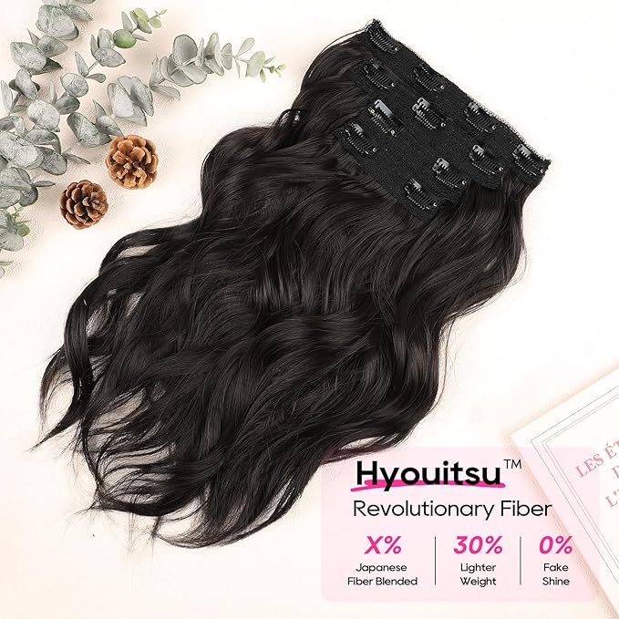 REECHO Clip in Hair Extensions - 4PCS 14" Short Beach Wavy Hairpieces, Invisible Lace Weft, Natural Soft Hair for Women (Black Brown)
