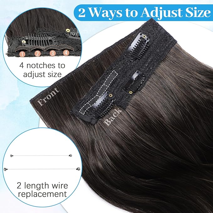 KooKaStyle Invisible Wire Hair Extensions 20"Long Wavy Layered Synthetic Clip in with Transparent Wire Adjustable Size 6 Secure Clips Dark Walnut Brown Thick Hairpieces for Women 20 Inch