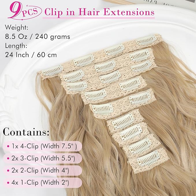 REECHO Hair Extensions, 9PCS Blonde Clip in Hair Extensions 24" Thick Long Mini Mermaid Wave Luxurious Lightweight Japanese Technology HYOUITSU Fiber Invisible Soft Lace Weft - HE009 Champagne Blonde