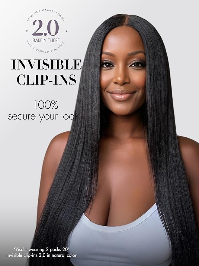 LUVME Invisible Clip in Hair Extensions, Yaki Straight Real Human Hair 18 Inch 2 Pack 220g 12pcs Clip ins Hair Extensions Natural Black for Women