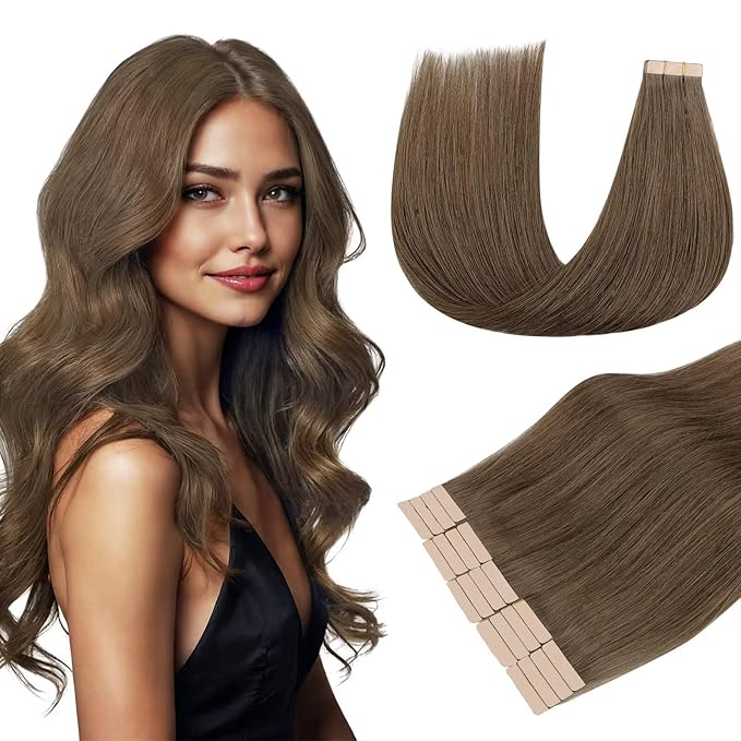 DOORES Hair Extensions Tape-in, Light Ash Brown 24 Inch 50g 20pcs, Human Hair Extensions Remy Hair Long Straight Invisible Tape Skin Weft