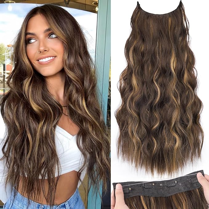 KooKaStyle Invisible Wire Hair Extensions with Transparent Wire Adjustable Size 4 Secure Clips Long Wavy Secret Synthetic Hairpiece for Women(24 Inch P6A/26#Chestnut Brown with Blonde Highlights)