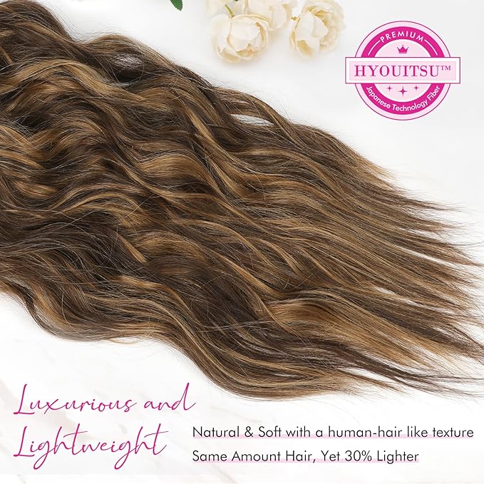 REECHO Clip in Hair Extensions, 4PCS Blonde Hair Extensions 24" Thick Long Beach Waves hair extensions HE003 Invisible Lace Weft Natural Soft Hairpieces for Women – Dark Brown with Highlights