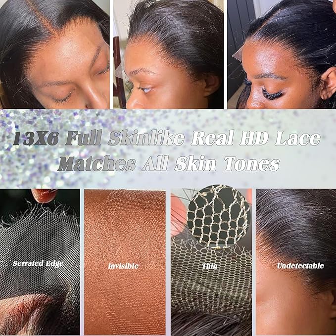 NESMON 13x6 Full Frontal Real SKINLIKE HD Lace Wig, 0.10mm Ultra-thin Invisible HD Lace 200% Density Pre-Plucked Hairline Bleached Tiny Knots Swiss Lace Front Wigs Human Hair 28 Inch