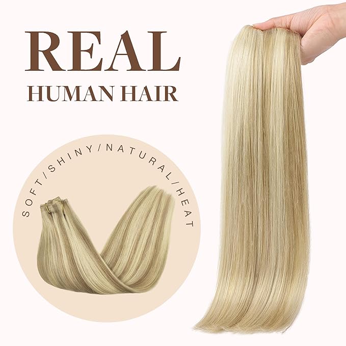 GOO GOO Clip in Hair Extensions Real Human Hair, Remy Human Hair Extensions Clip ins for Women, Natural Human Hair, 16inch 130g 7Pcs, 16/22 Light Blonde Highlighted Golden Blonde