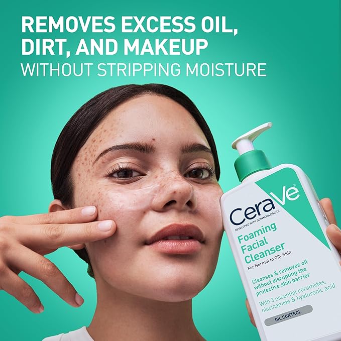 CeraVe Foaming Facial Cleanser, Daily Face Wash for Oily Skin, Hyaluronic Acid + Ceramides + Niacinamide, Fragrance Free & Paraben Free, Non-Drying Oil Control Face Wash, 16 Fluid Ounces