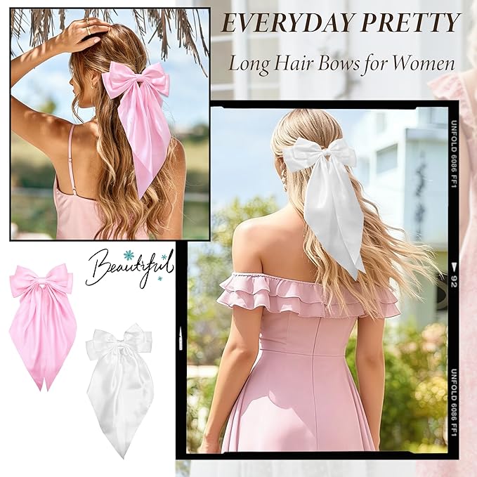 Pink Big Hair Bow for Women - 5Pcs Large Hair Clips for Girls Silky Satin BowsSet, Oversized Long Tail Cute Hair Ribbons Barrettes Aesthetic Hair Accessories Hairbows Gifts