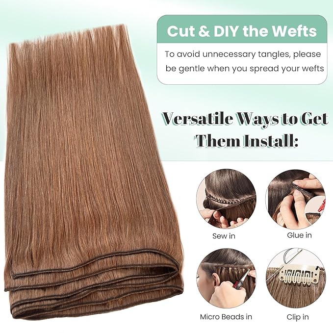 Auburn Weft Hair Extensions Sew in Human Hair Wefts for Women, 18 Inch 100G Silky Straight #30 Auburn Brown Bundle Double Weft Hand Tied Sew in Extensions Real Human Hair Weave