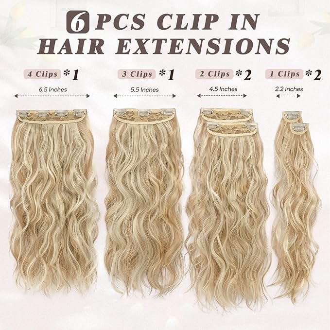 BARSDAR Light Ash Blonde Beach Wave Clip in Hair Extensions – Long Wavy Blonde Clip in Hair Extensions for Women - 20 Inch 6 PCS Thick Soft Synthetic Voluminous Full Head Easy Wear Hairpieces