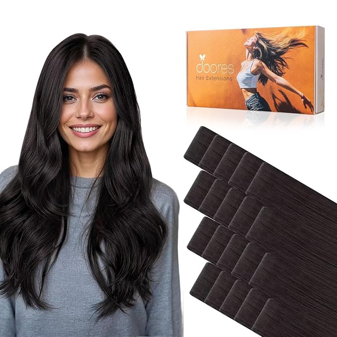 DOORES Invisi Edge Human Hair Extensions Tape in, Natural Black 10 Injection Tape-ins with 10 Injection Tape-ins 50g 16 Inch, Injected Tape in Extensions Virgin Hair Thick Ends