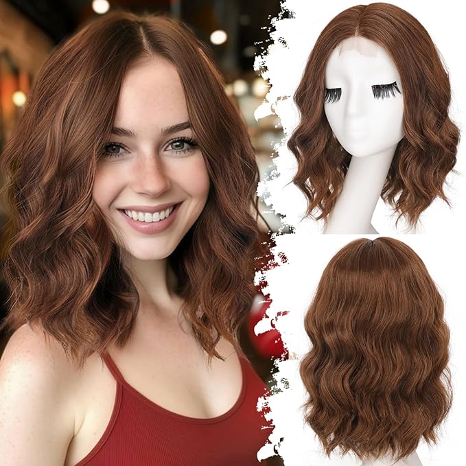 Chestnut Brown Short Wavy Wig for Women Lace Hairline Bob Style Synthetic Heat Resistant - Natural Appearance for Everyday Hairstyle 14 Inch