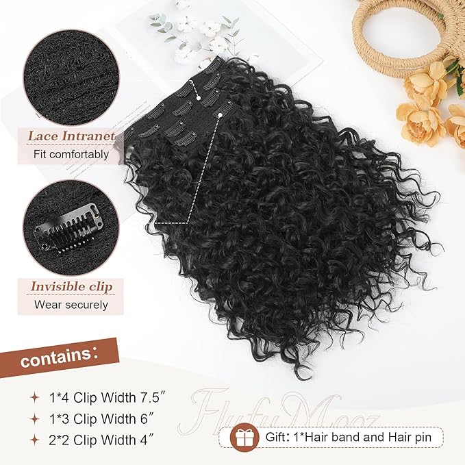 Clip in Hair Extensions, FLUFYMOOZ 4PC 100％ Pure Protein Silk Hair Extensions Long Soft Natural Hairpiece 16 Inch Curly Hair Extension for Women (Black)