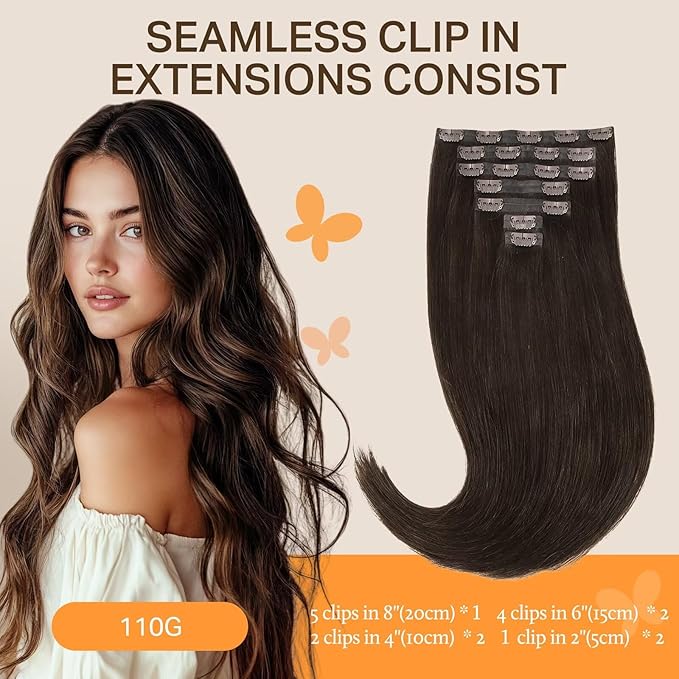 DOORES Clip in Human Hair Extensions, Light Dark Brown 110g 7pcs 14-22 Inch, Seamless Silicone Wefts, 7-Layer PU Glue Bonding, Straight